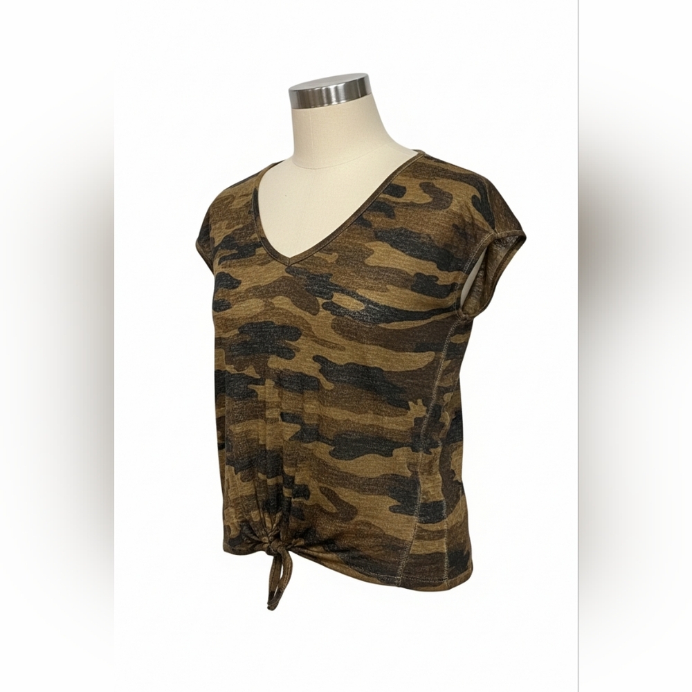 Lucky Brand Camo Top Knot Front V Neck Short Sleeve Green Size S Burnout Casual